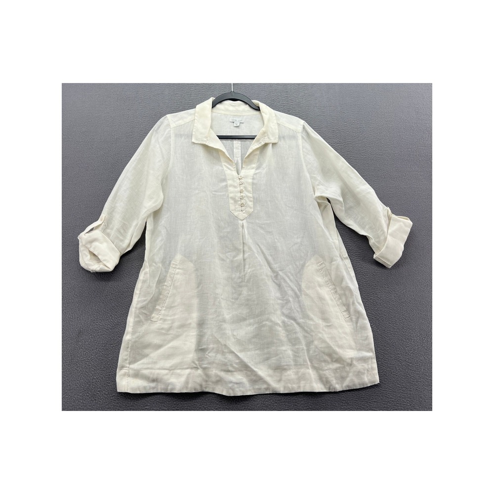 J. Jill Love Linen Shirt Womens Sz M White Tunic Top Button Tab Sleeve Pockets
